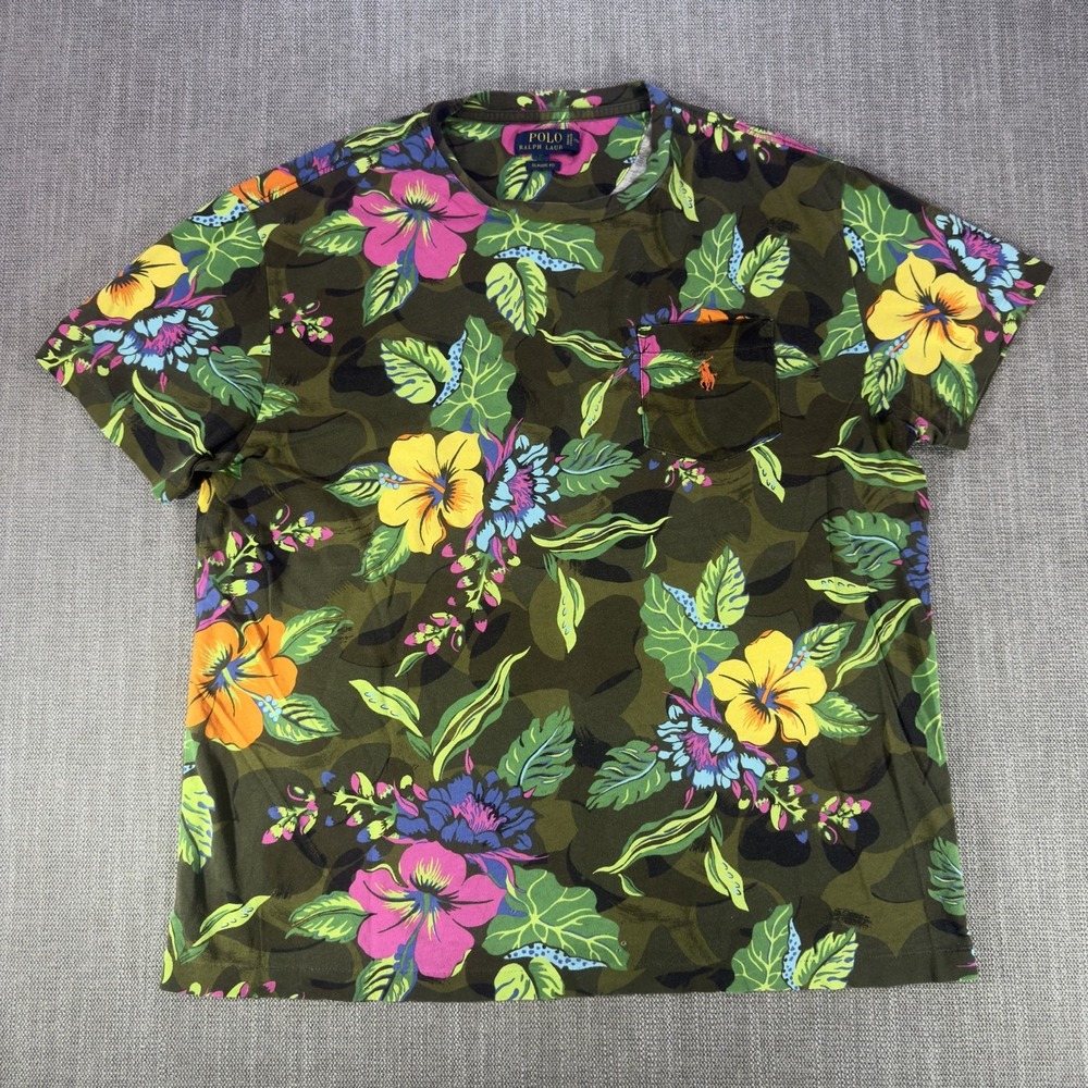 Polo Ralph Lauren Shirt Mens Medium Green Tropical Floral Camo Pocket Tee